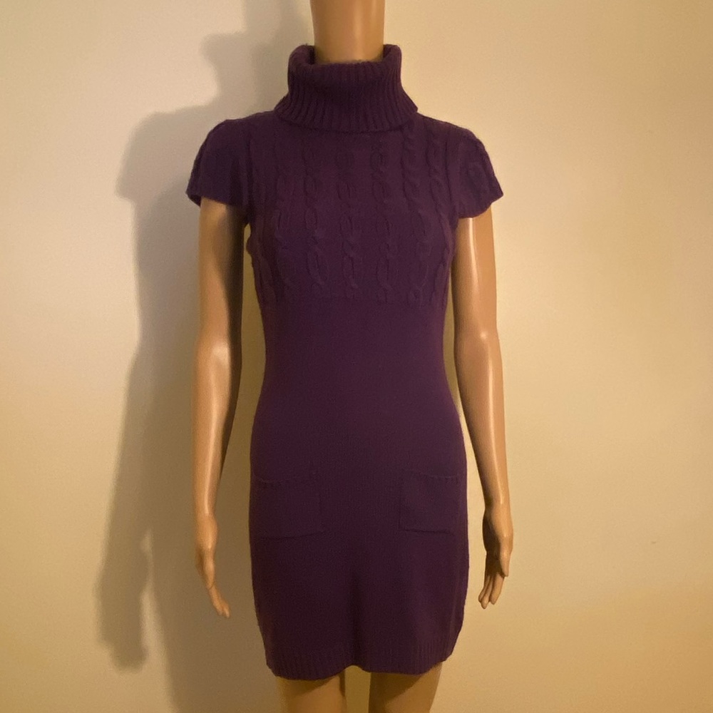 Ultra Pink Cable Knit, Cap Sleeves, Turtleneck Dress